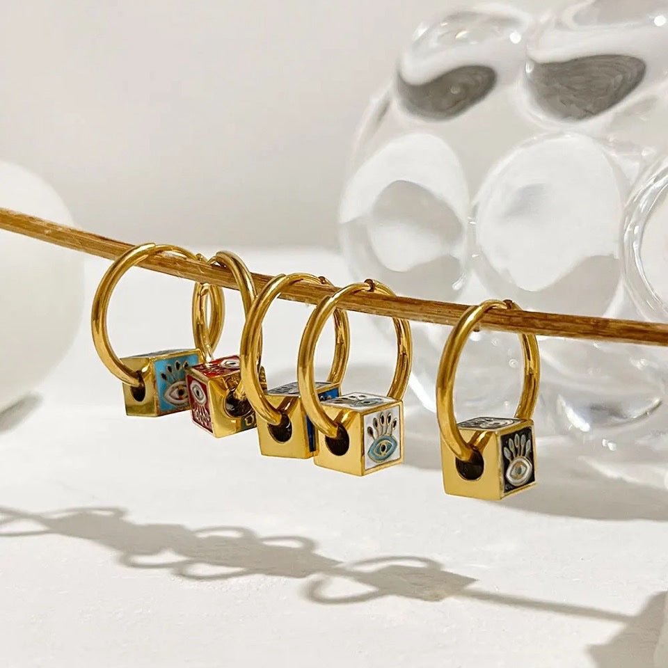 Evil Eye Cube Huggie Hoop Earrings