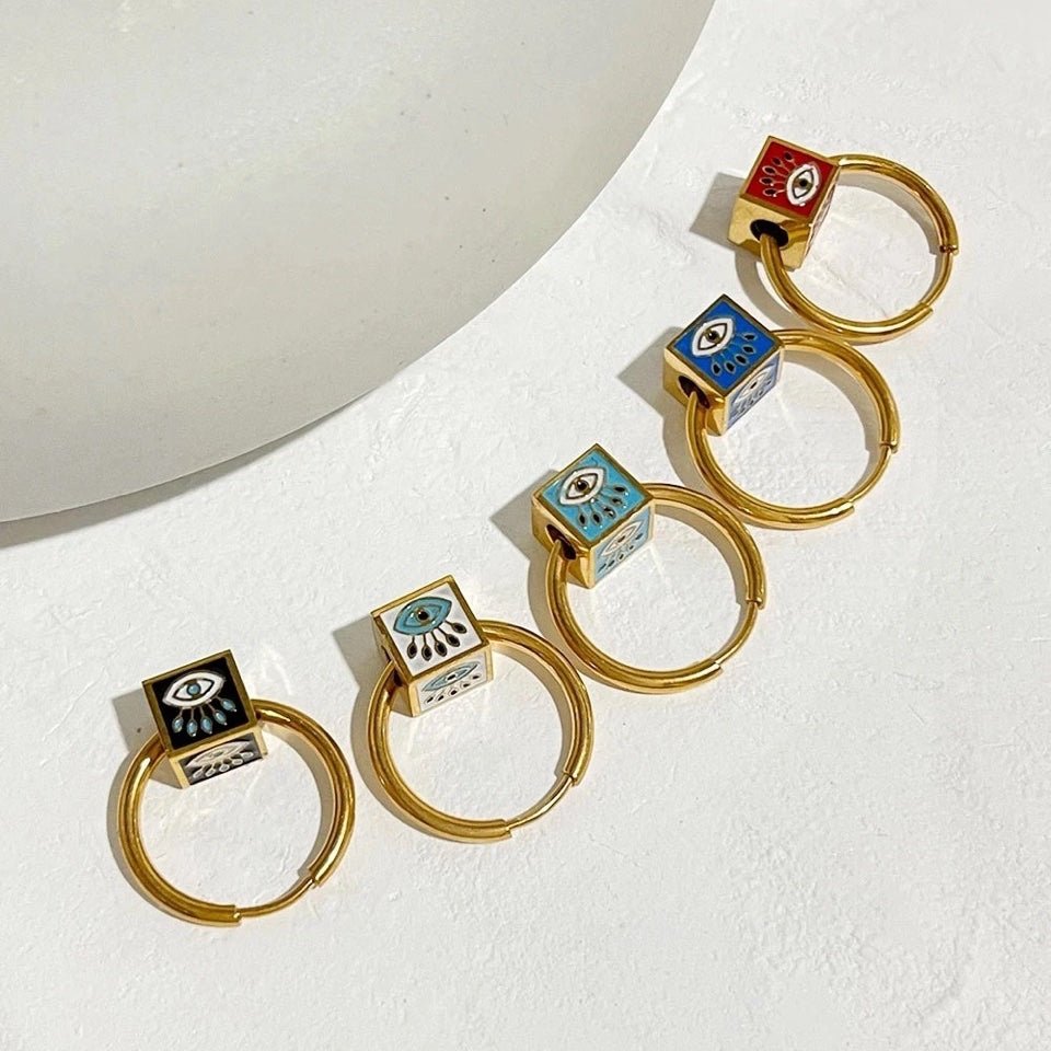 Evil Eye Cube Huggie Hoop Earrings