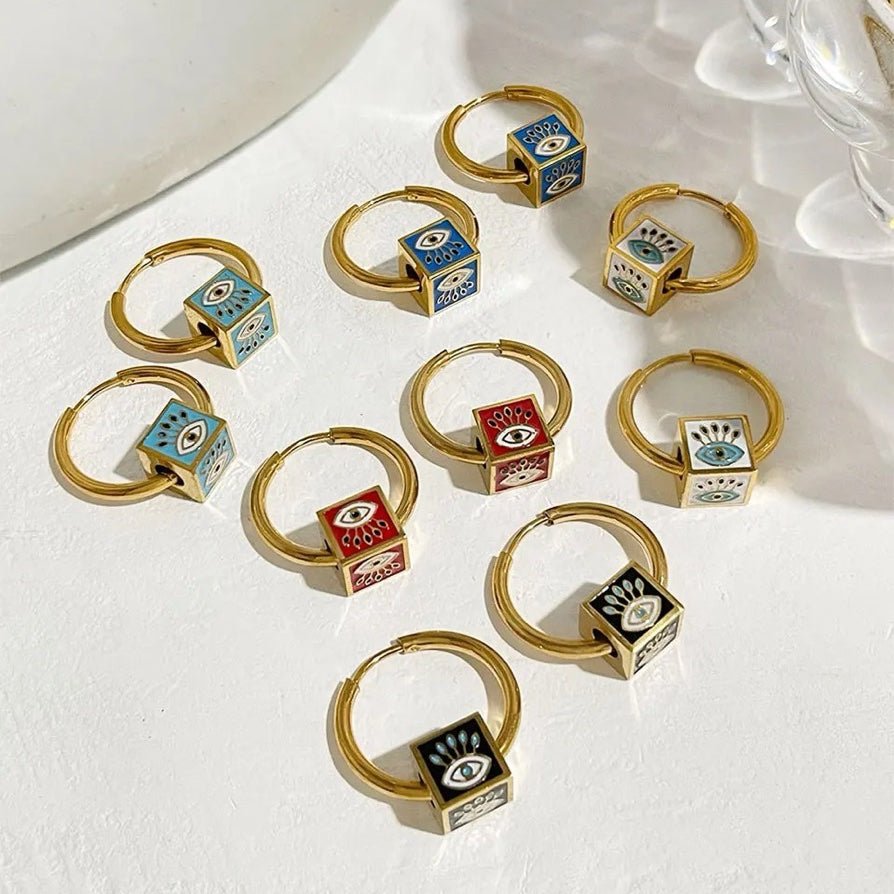 Evil Eye Cube Huggie Hoop Earrings