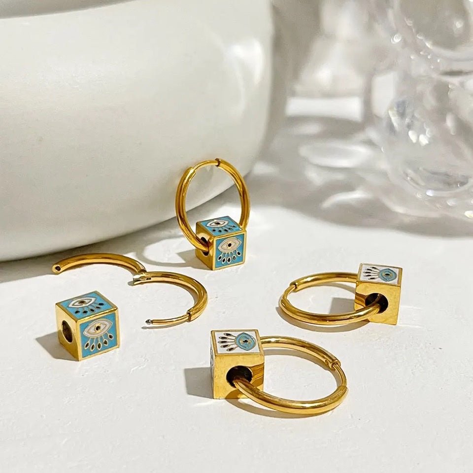 Evil Eye Cube Huggie Hoop Earrings