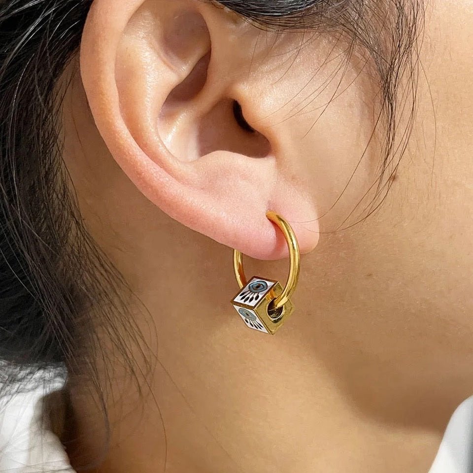 Evil Eye Cube Huggie Hoop Earrings