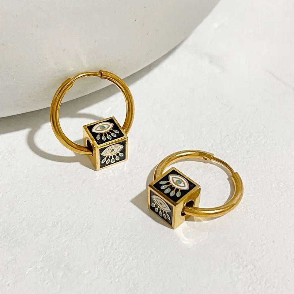 Evil Eye Cube Huggie Hoop Earrings