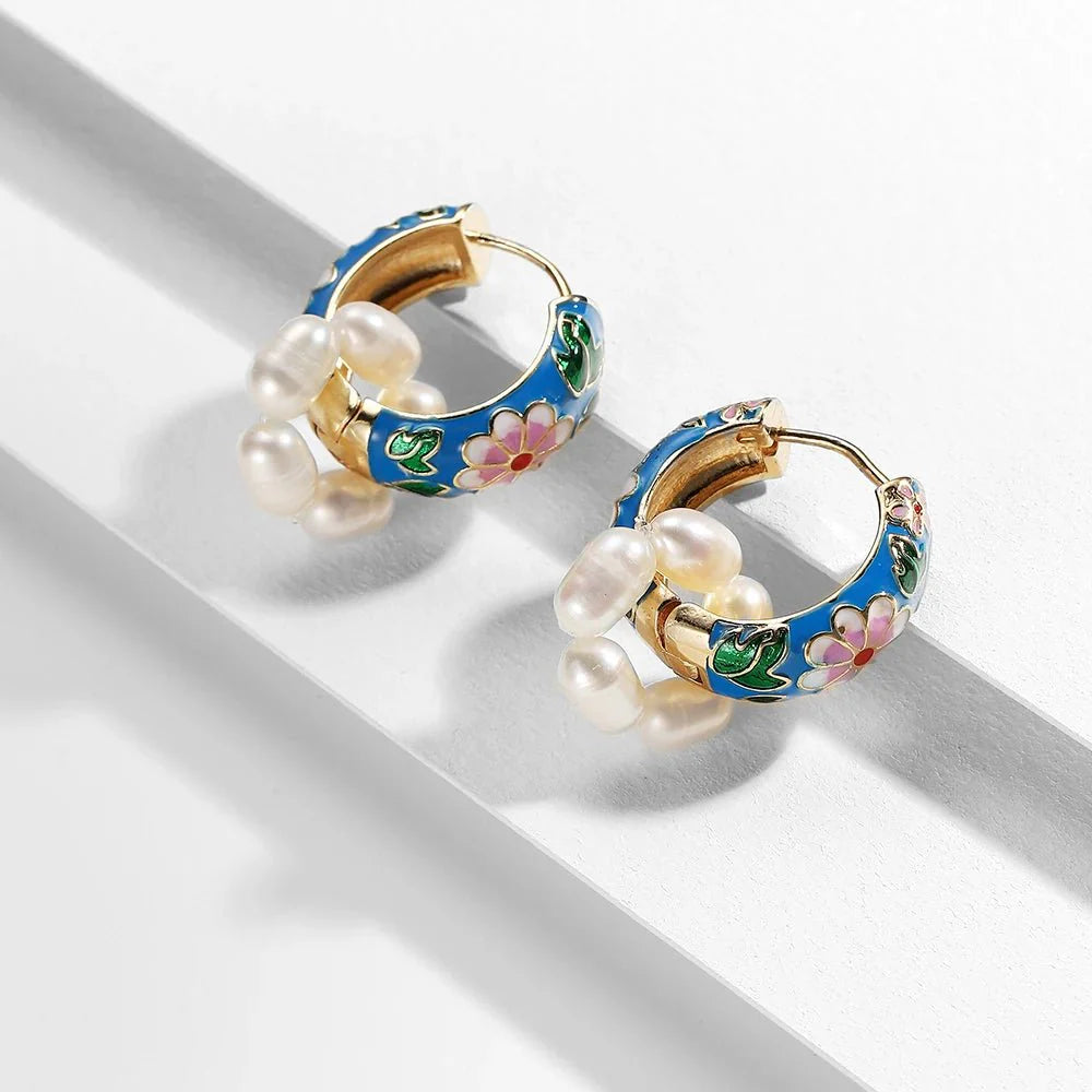 Floral Elegance Pearl Enamel Hoop Earrings