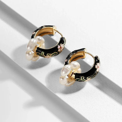 Floral Elegance Pearl Enamel Hoop Earrings