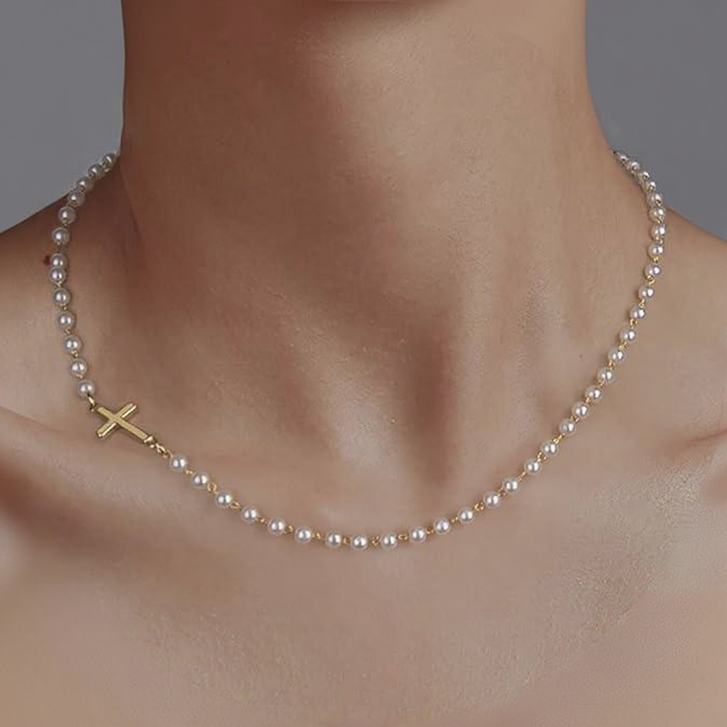 Dainty Faux Pearl Cross Station Choker Necklace