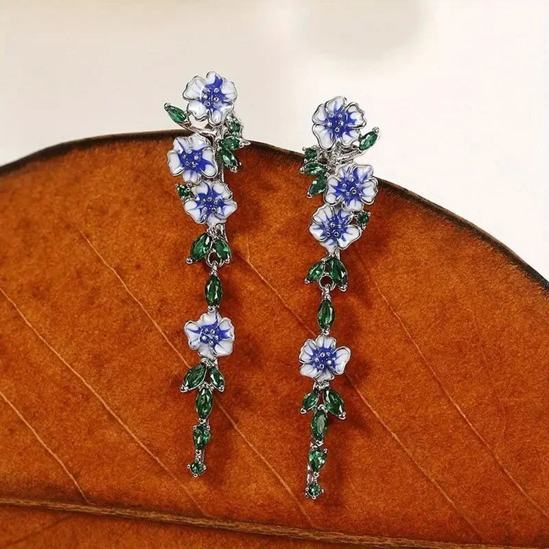 Glossy Blue Floral Dangling Earrings