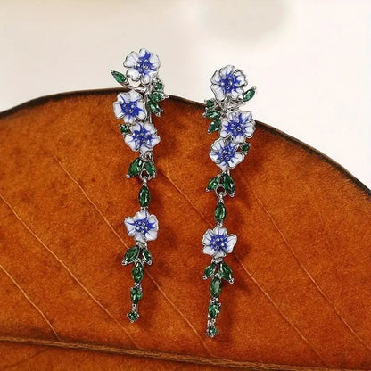 Glossy Blue Floral Dangling Earrings