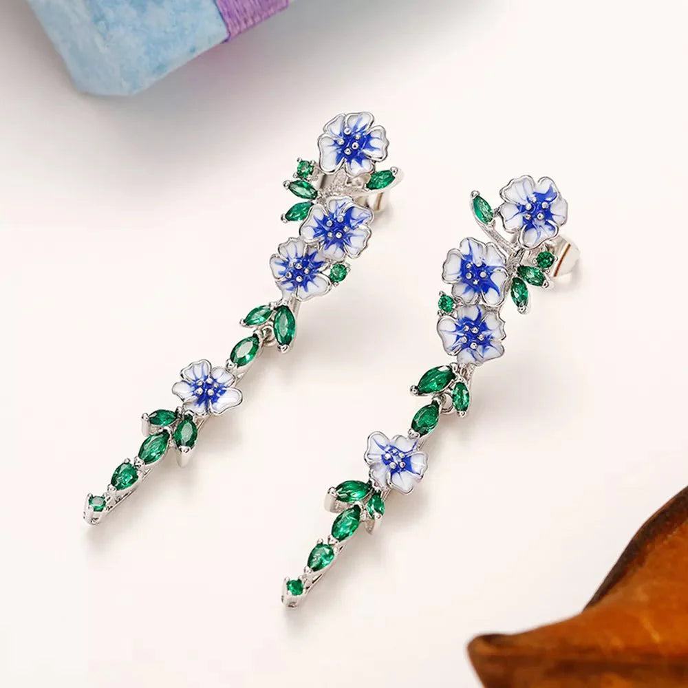 Glossy Blue Floral Dangling Earrings