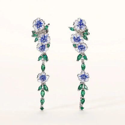 Glossy Blue Floral Dangling Earrings