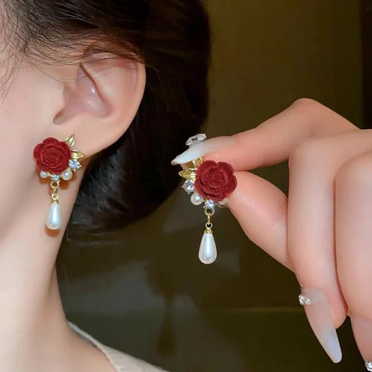 Gold Accented Rose Diamond Pearl Earrings