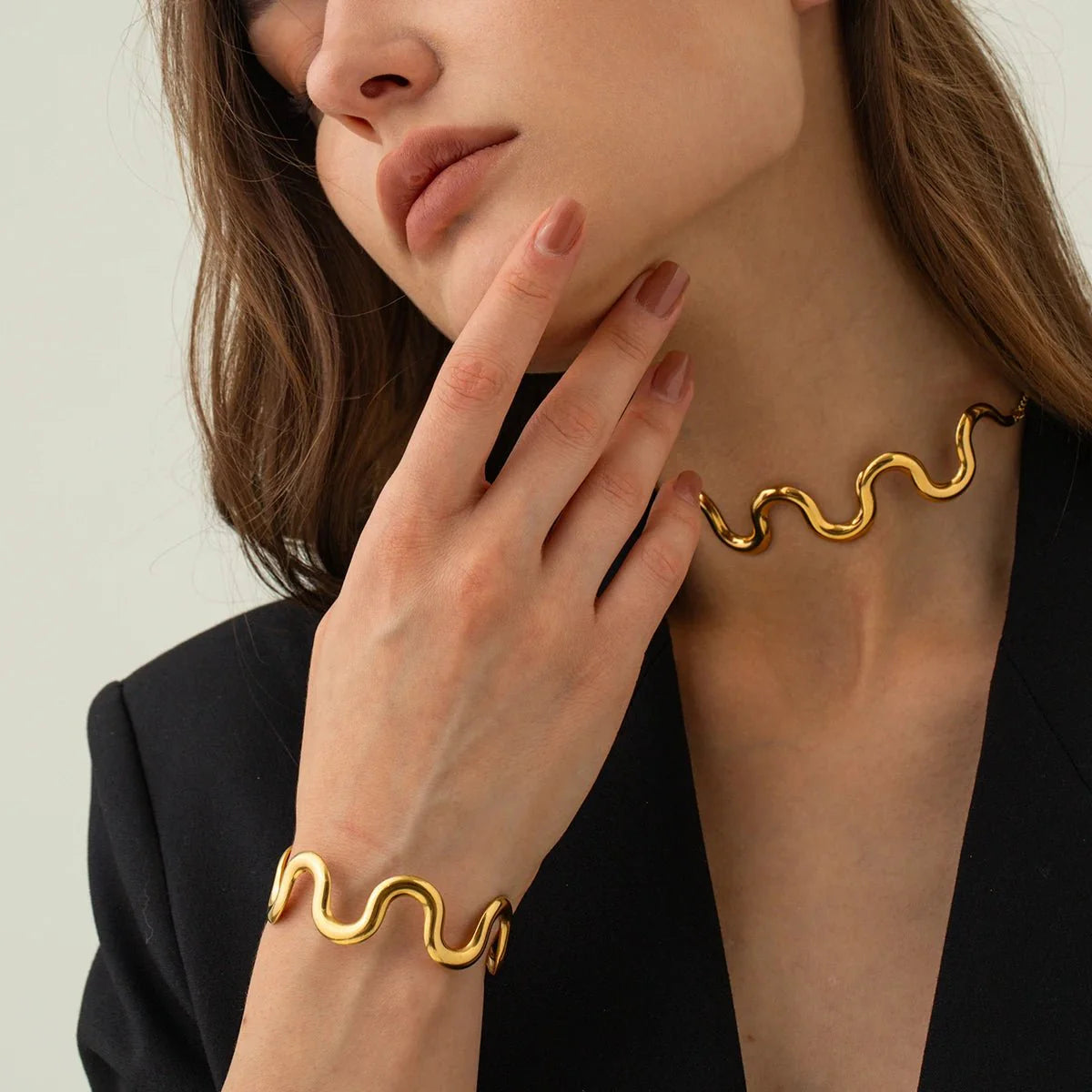 Gold Wavy Statement Bracelet and Necklace