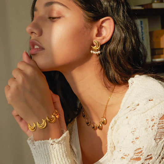 Golden Crescent Moon Astrology Necklace Bracelet Earrings Jewelry Set