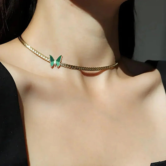 Golden Herringbone Butterfly Choker Necklace
