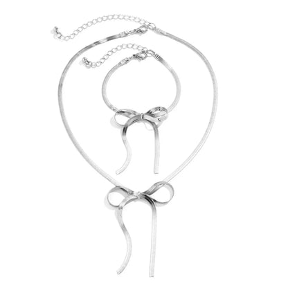 Herringbone Chain Bow Necklace and Bracelet Set