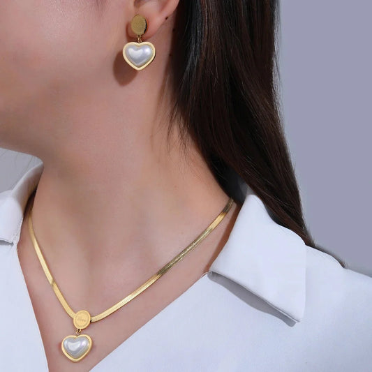 Herringbone Love Heart Necklace and Earrings Set