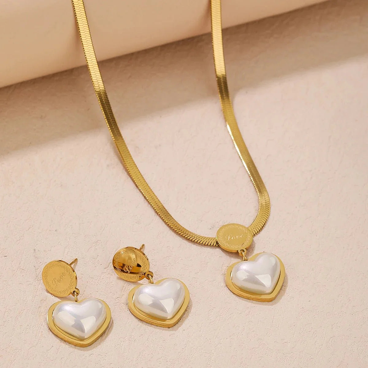 Herringbone Love Heart Necklace and Earrings Set
