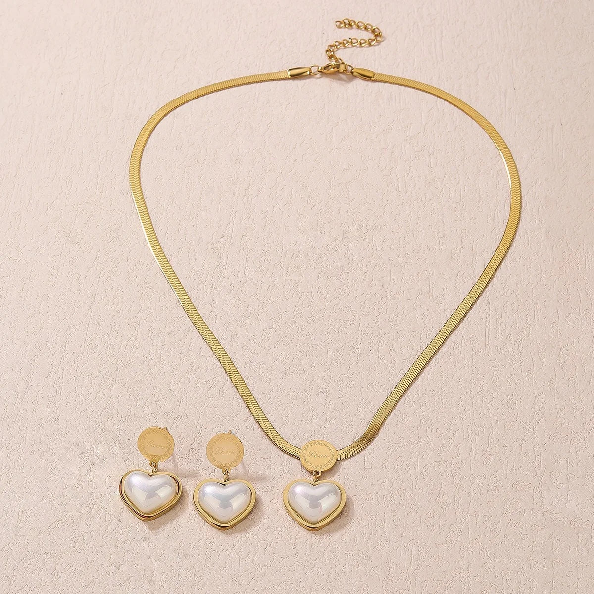 Herringbone Love Heart Necklace and Earrings Set