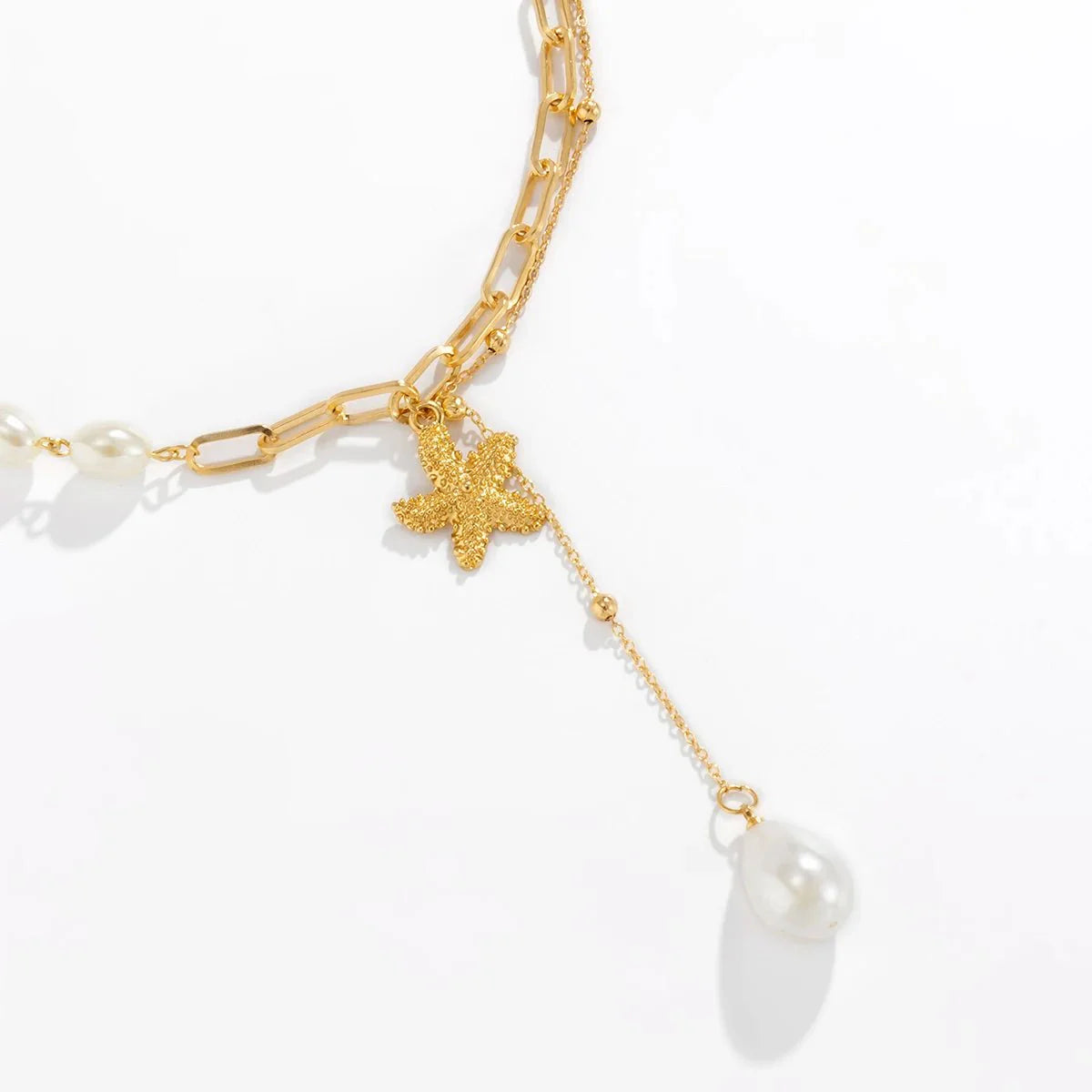 Layered Beach Pearl Drop Starfish Necklace