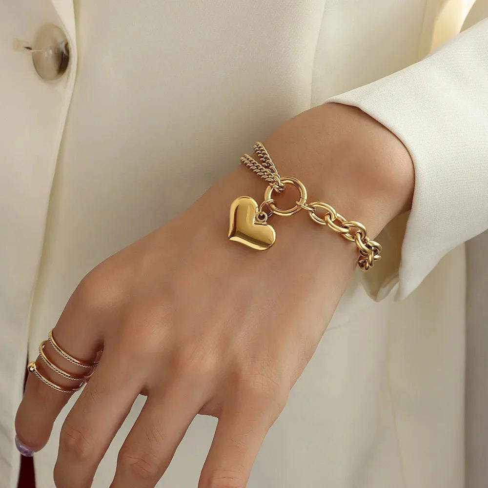 Layered Chain and Paperclip Heart Bracelet