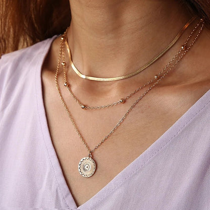 Layered Floral Pendant Herringbone & Dainty Necklaces Stack
