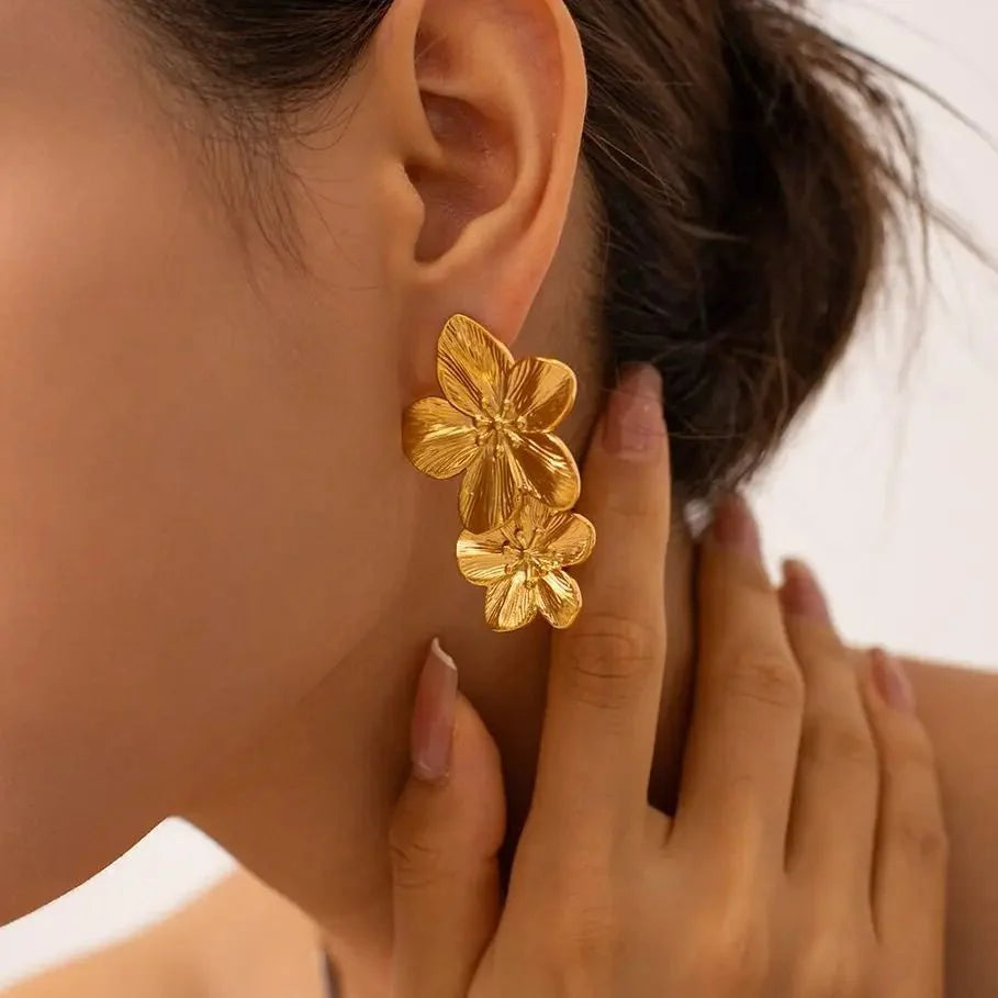 Layered Hibiscus Flower Floral Earrings