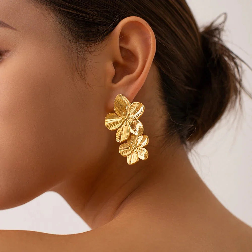 Layered Hibiscus Flower Floral Earrings