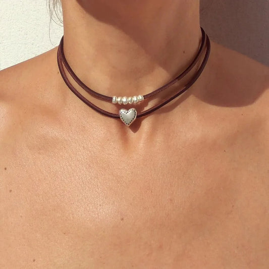 Layered Leather Heart Choker Necklace