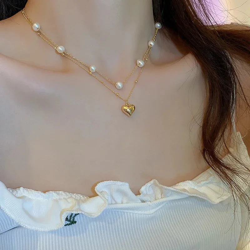 Layered Pearl and Heart Chain Necklace