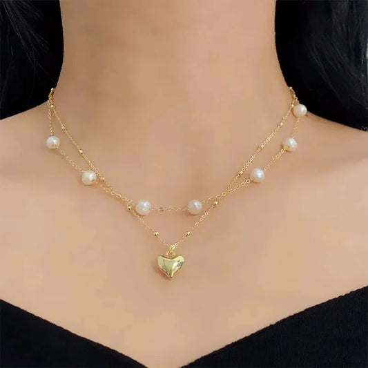 Layered Pearl and Heart Chain Necklace