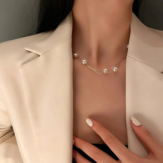 Layered Pearl Classy Choker Necklace