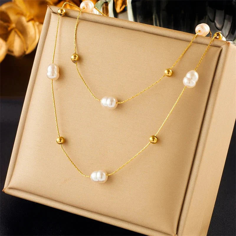 Layered Pearl Gold Beaded Necklace