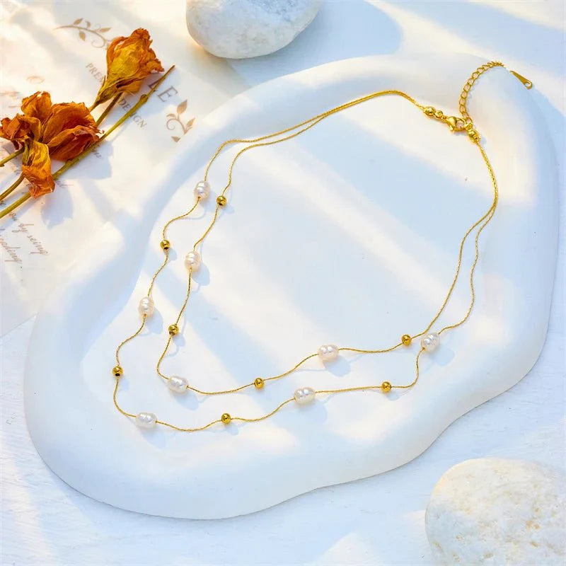 Layered Pearl Gold Beaded Necklace