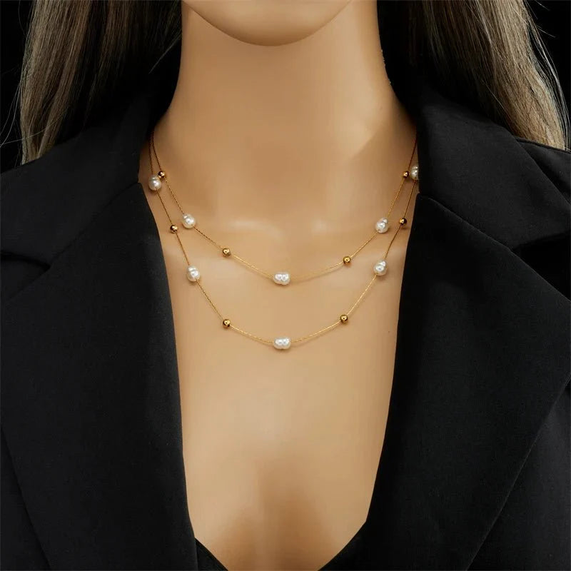 Layered Pearl Gold Beaded Necklace