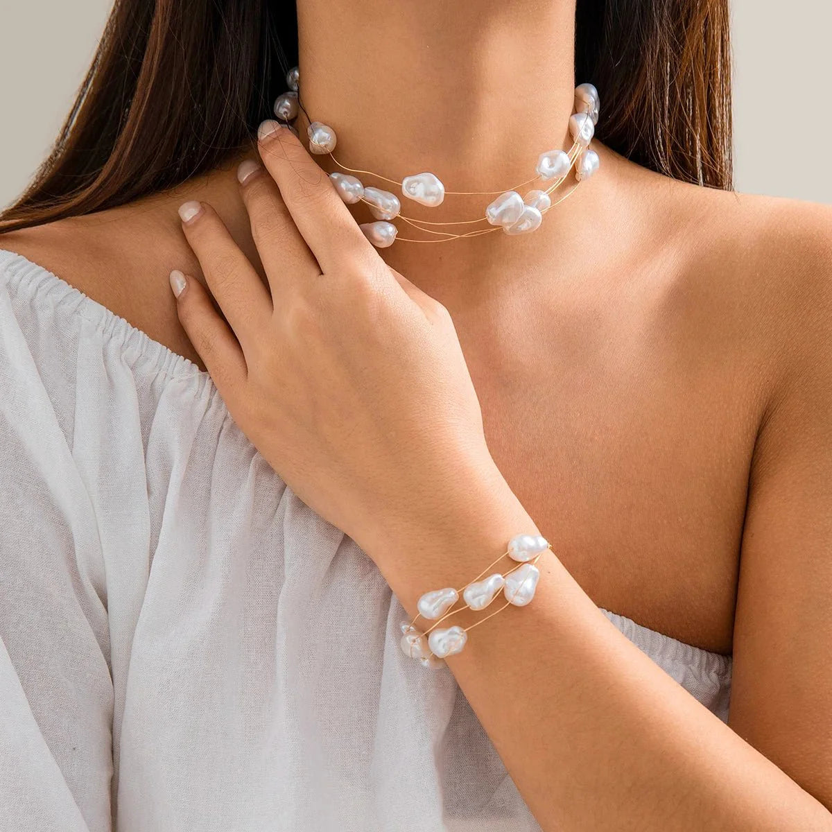 Layered Strung Pearls Bracelet and Necklace