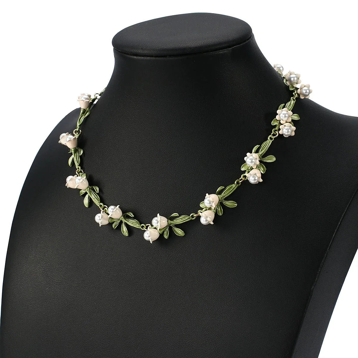 Lily of the Valley Pearl Choker Necklace, Bracelet, and Earrings Set