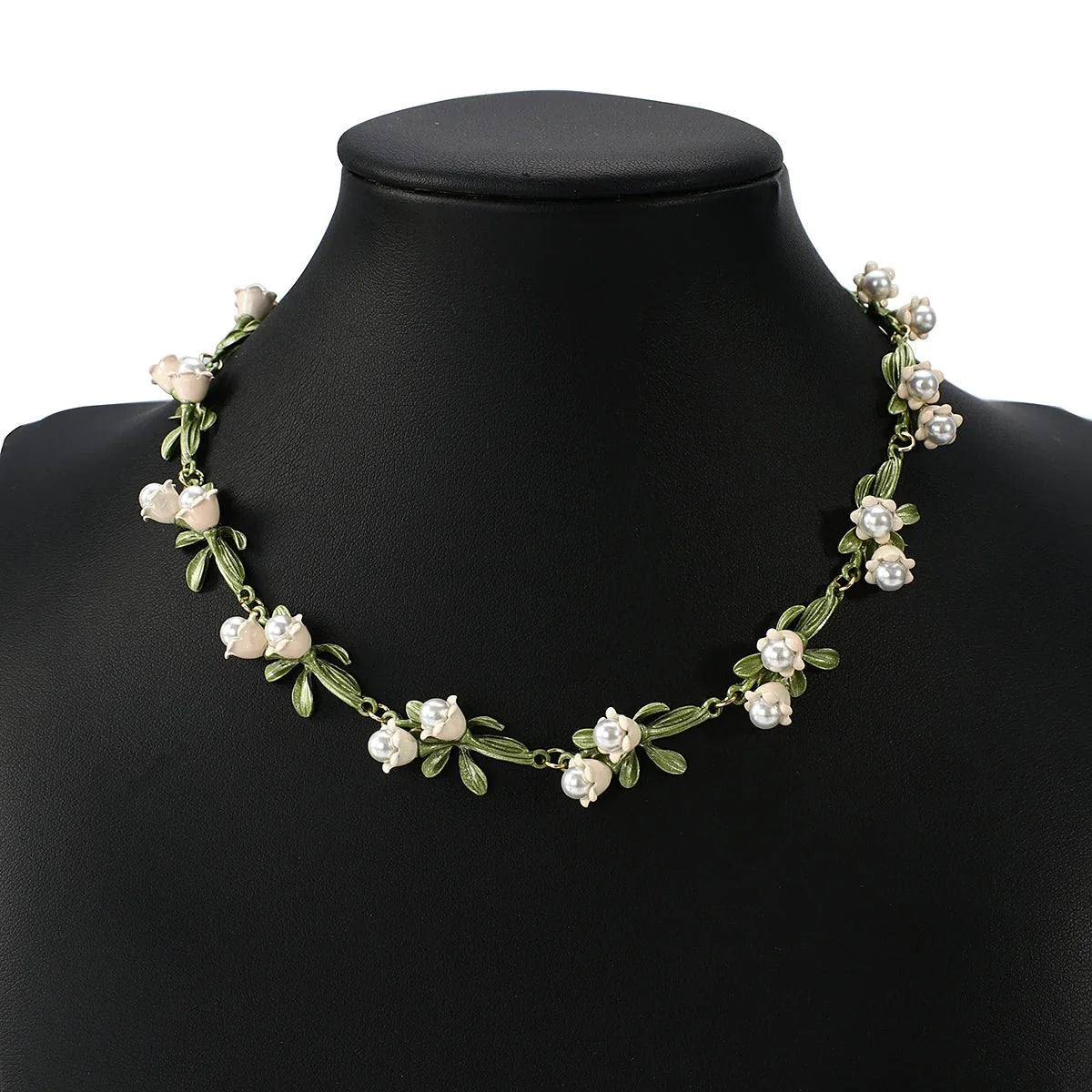 Lily of the Valley Pearl Choker Necklace, Bracelet, and Earrings Set