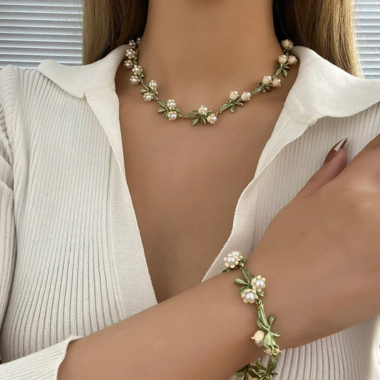 Lily of the Valley Pearl Choker Necklace, Bracelet, and Earrings Set