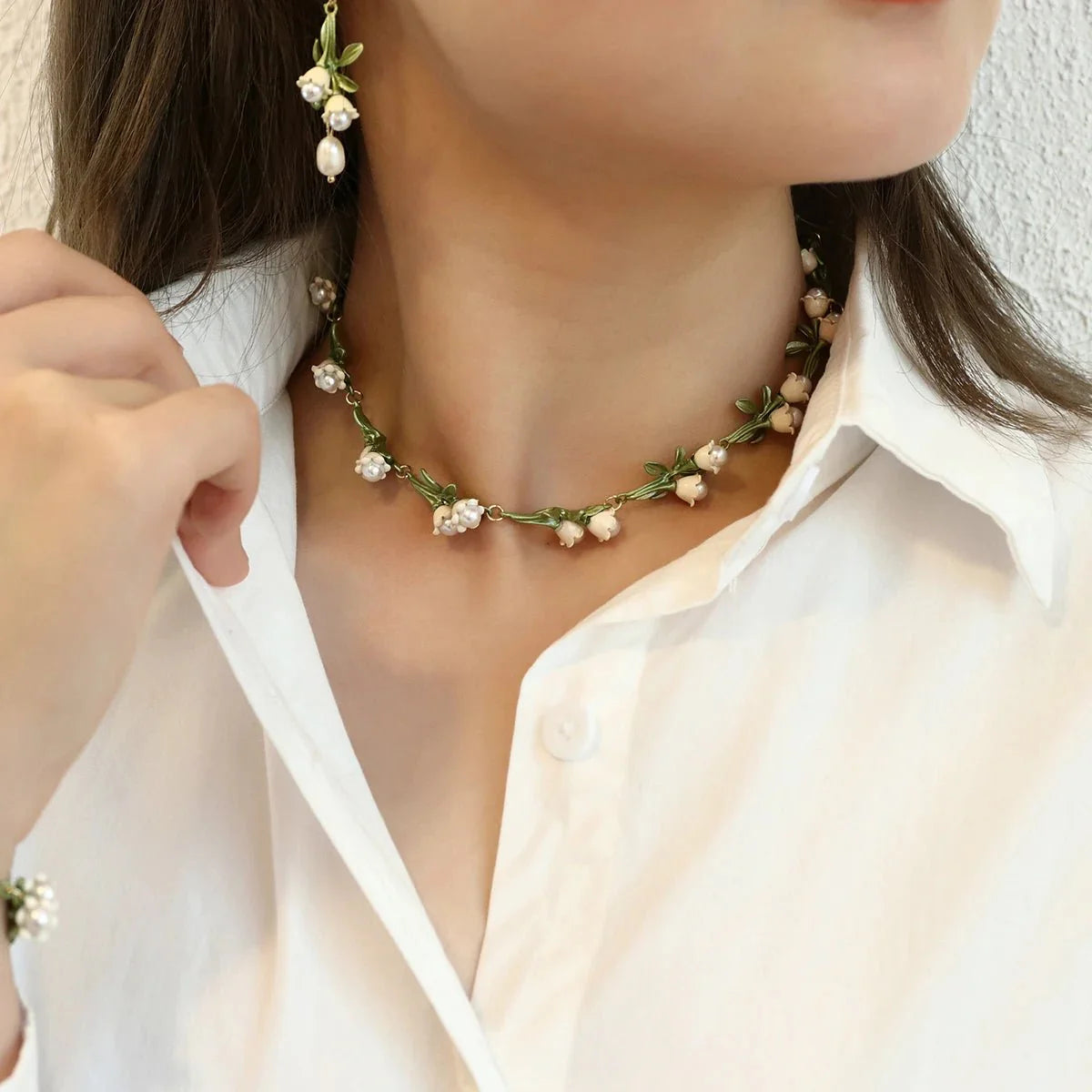 Lily of the Valley Pearl Choker Necklace, Bracelet, and Earrings Set