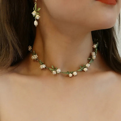 Lily of the Valley Pearl Choker Necklace, Bracelet, and Earrings Set