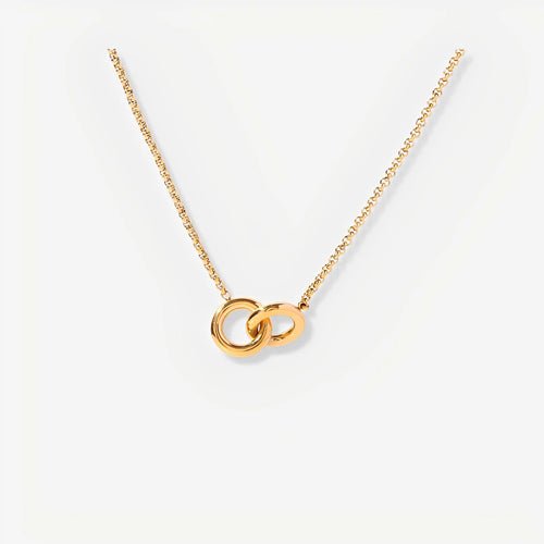 Gold necklace with interlocking rings on a white background