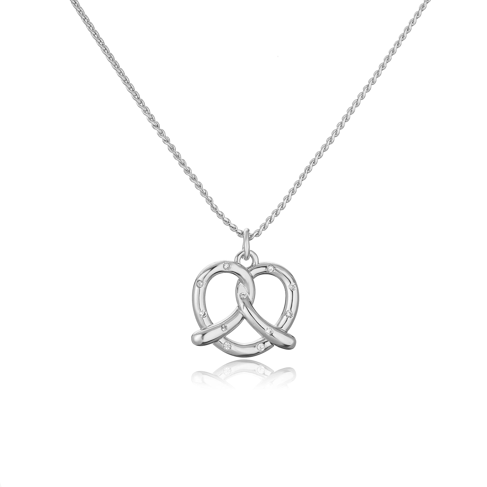 Silver pretzel-shaped pendant on a chain against a white background