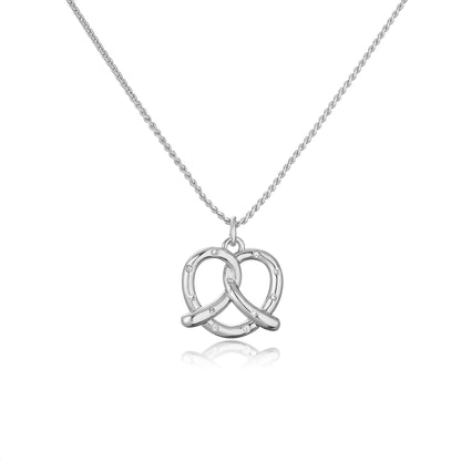 Silver pretzel-shaped pendant on a chain against a white background