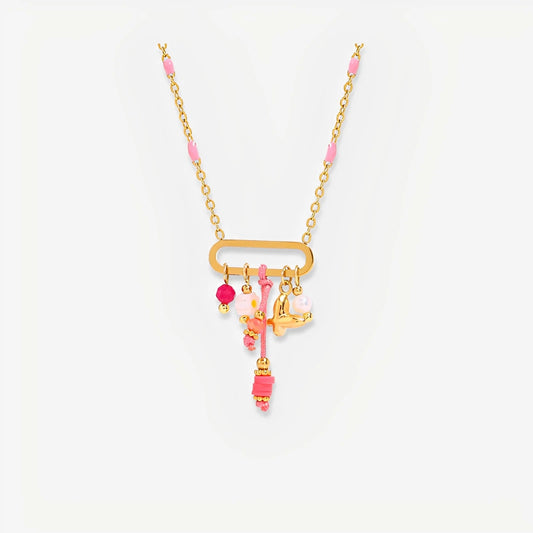 Gold necklace with pink beads and charms on a white background