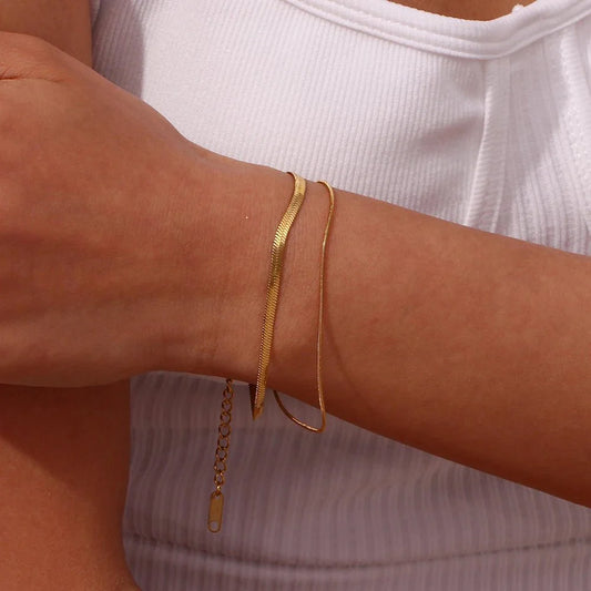 Minimal Herringbone & Dainty Snake Chain Layered Bracelet