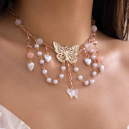 Multi Layered Butterfly Heart Choker Necklace