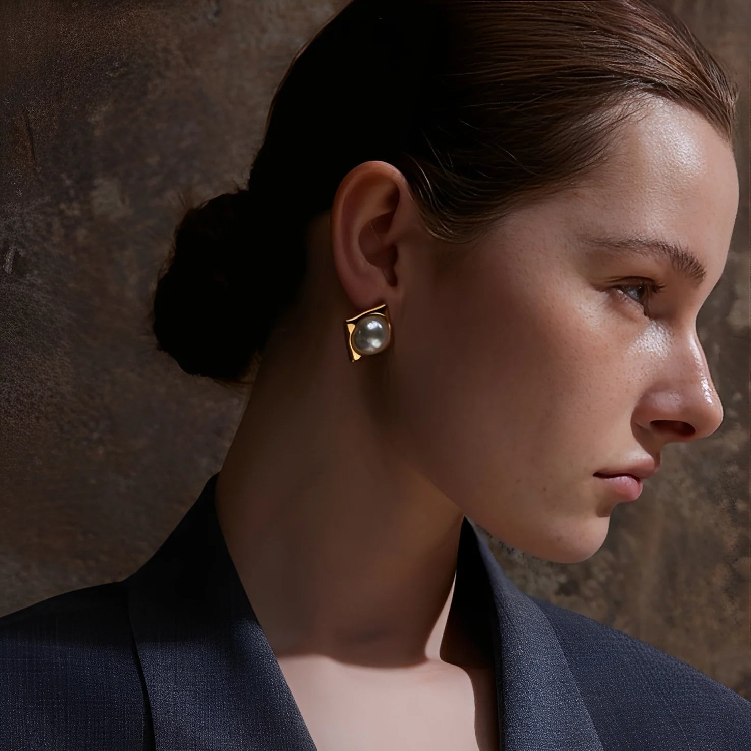 Close-up of a woman wearing pearl earrings against a textured wall.
