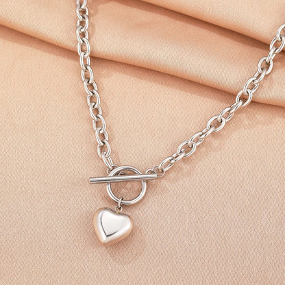Paperclip Chain Circle Lock Heart Pendant Necklace