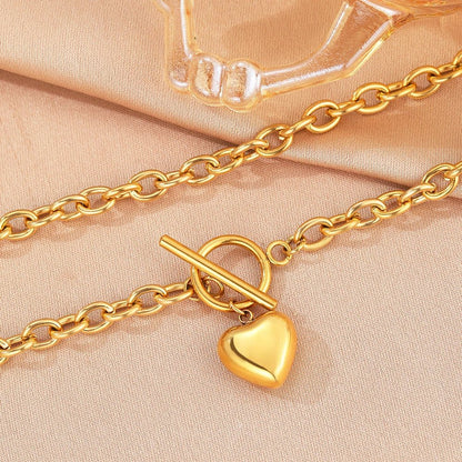 Paperclip Chain Circle Lock Heart Pendant Necklace