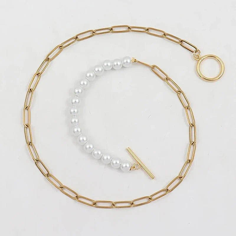 Paperclip Chain Pearl Blended Bracelet and Necklace