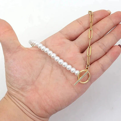 Paperclip Chain Pearl Blended Bracelet and Necklace